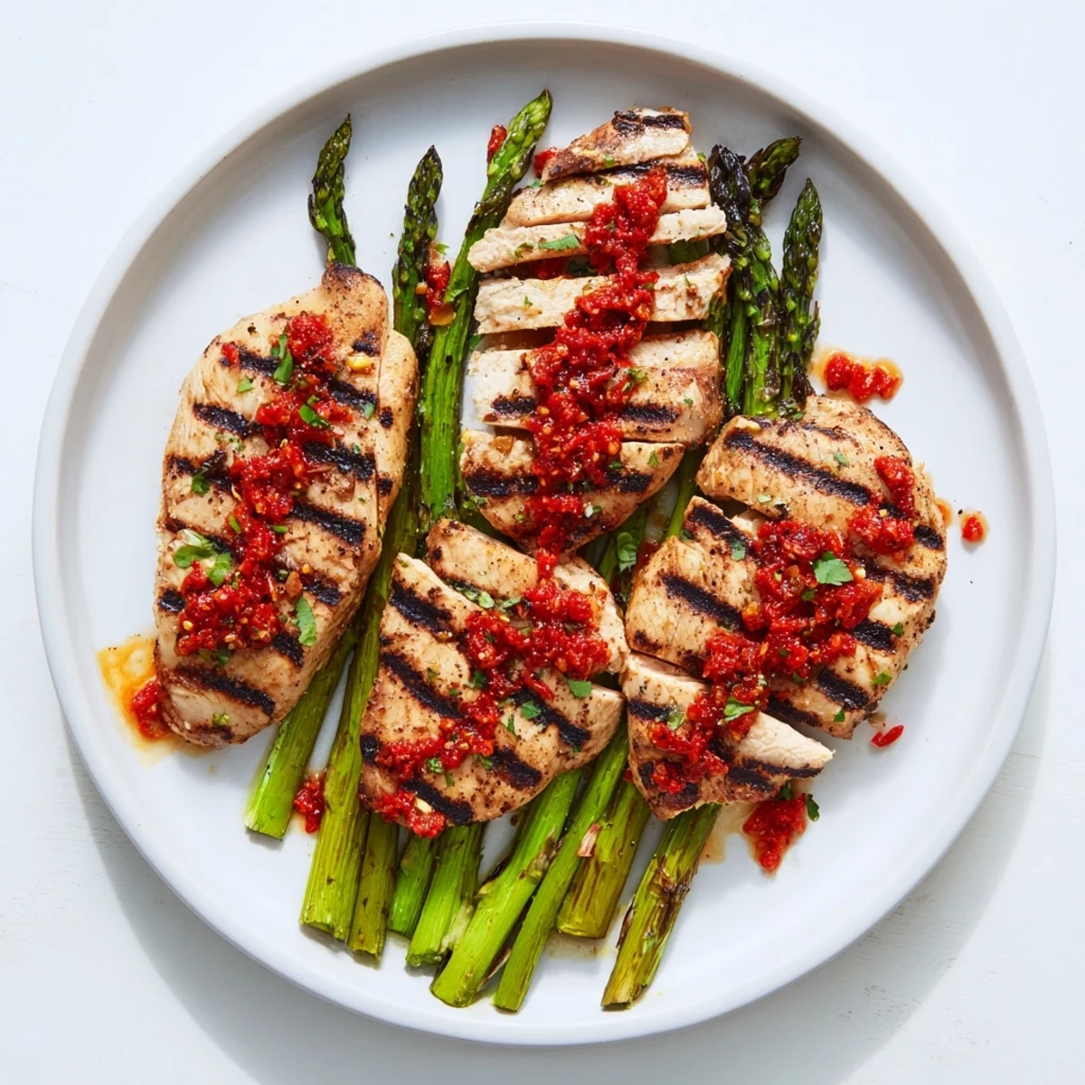 Tender grilled asparagus chicken with glossy Calabrian chili sauce and lightly charred edges