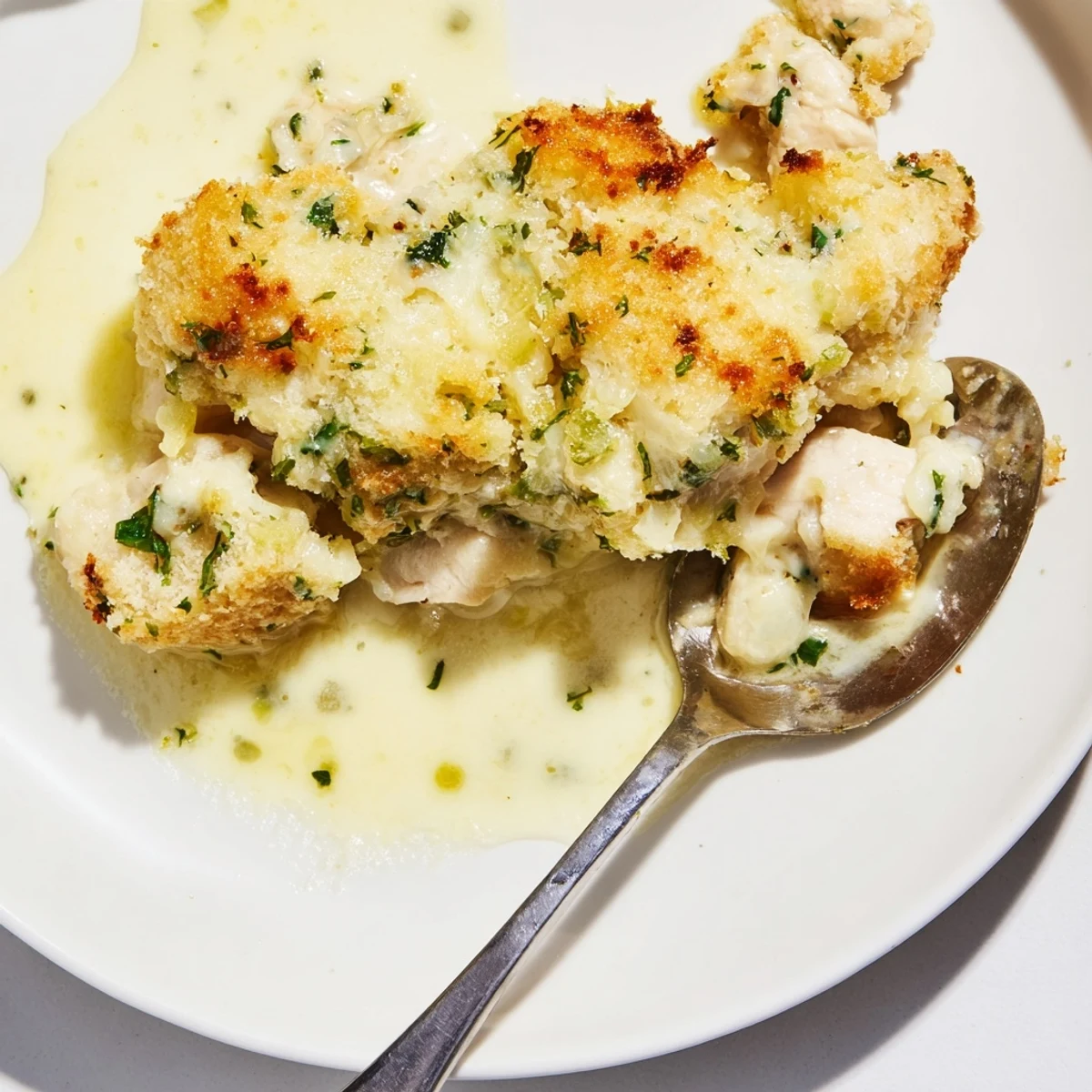 Golden crispy breadcrumb topping on bubbling Chicken Kiev Casserole fresh from the oven