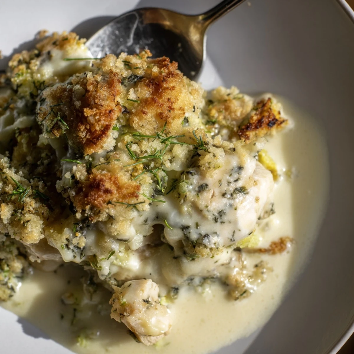 Creamy garlic herb sauce pools around tender chicken in this Chicken Kiev Casserole