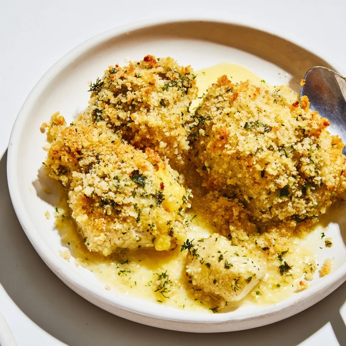 Serving of Chicken Kiev Casserole with melted buttery sauce and fresh parsley garnish