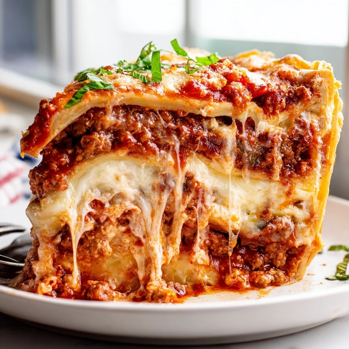 Golden bubbling cheesy lasagna pie sliced open to reveal gooey layers of ricotta and meat sauce