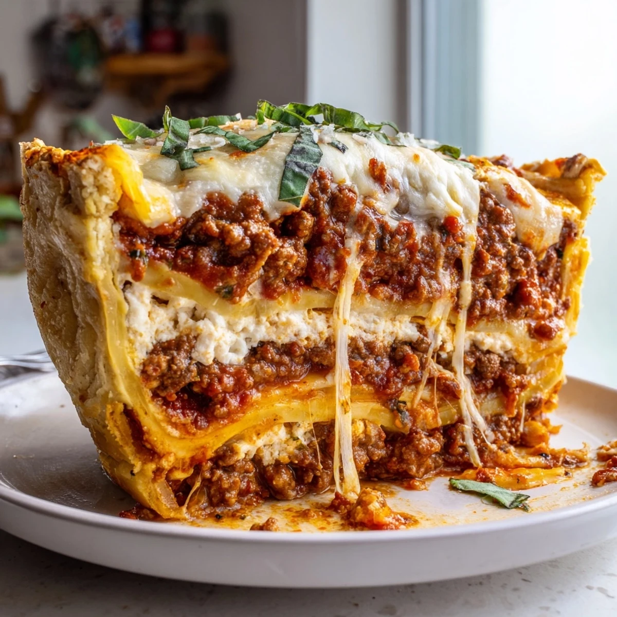 Warm cheesy lasagna pie in a flaky crust topped with melted mozzarella and fresh basil