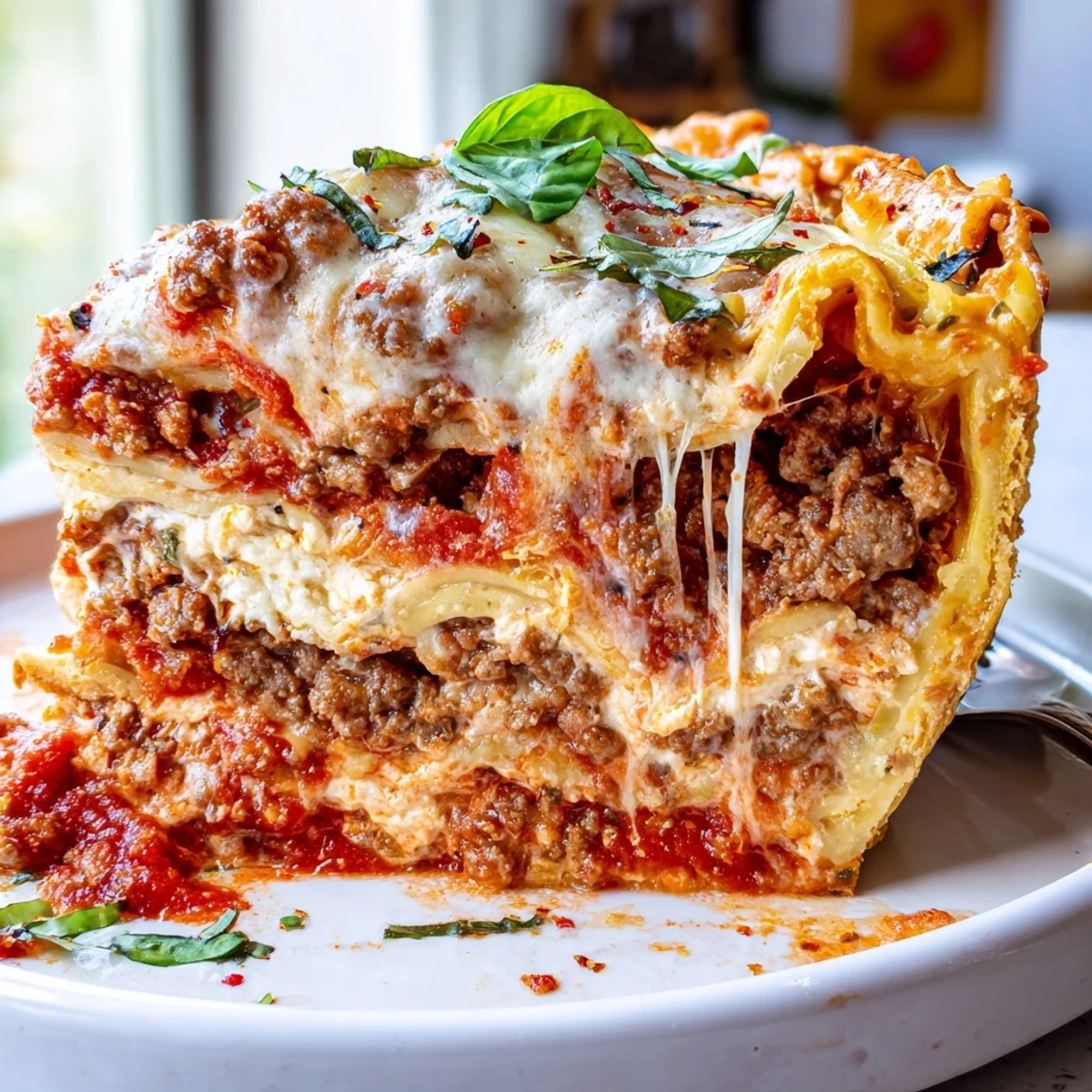 Cheesy lasagna pie fresh from the oven with bubbling cheese and rich marinara meat sauce