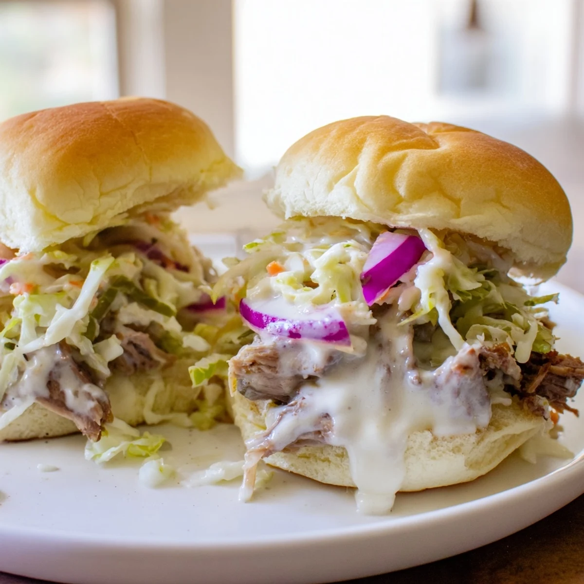 Alabama White Sauce Pulled Lamb Sliders topped with crunchy slaw on toasted buns