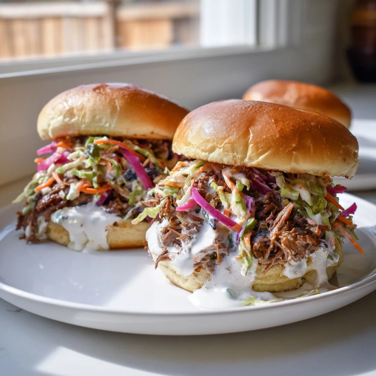 Creamy Alabama White Sauce Pulled Lamb Sliders drizzled with tangy sauce and pickled onions