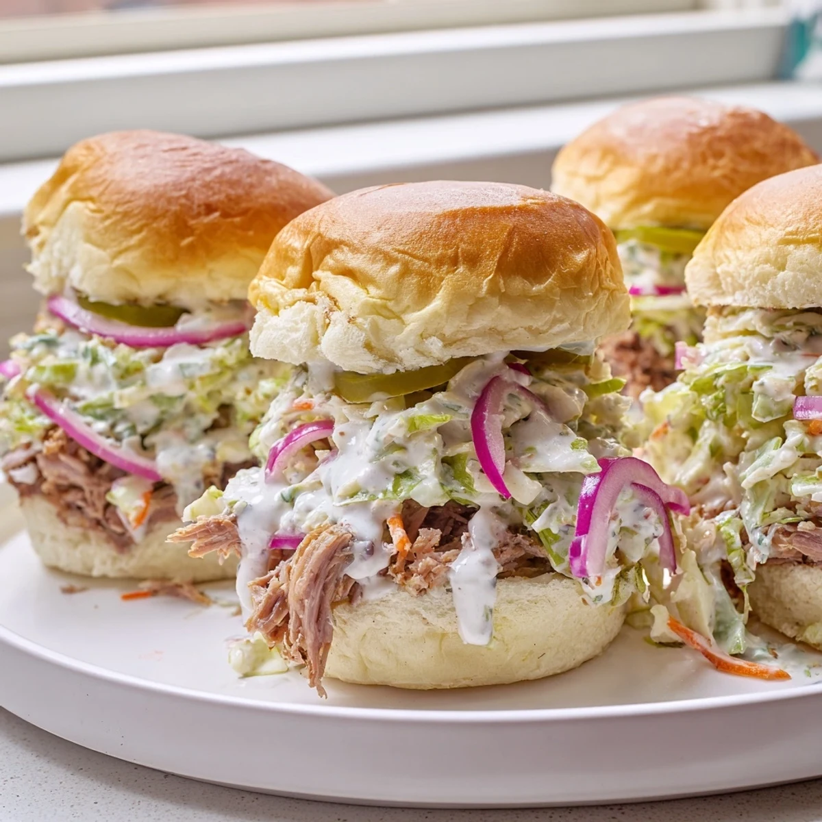 Juicy Alabama White Sauce Pulled Lamb Sliders piled high on soft golden slider buns