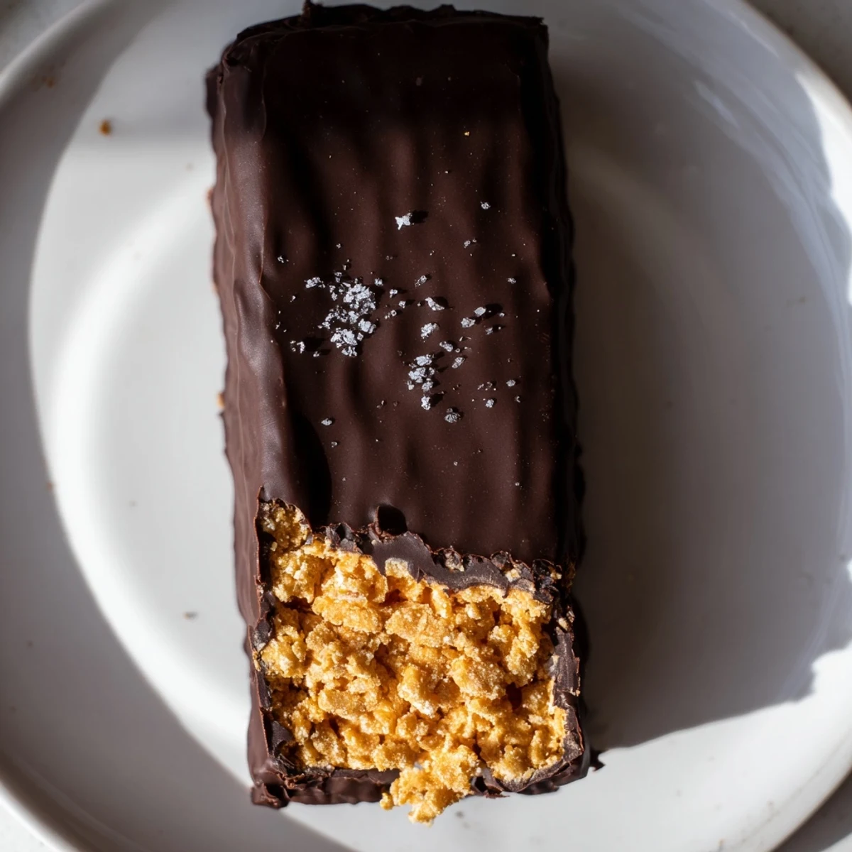 Healthy Homemade Butterfingers bars dipped in glossy dark chocolate on a rustic wooden cutting board