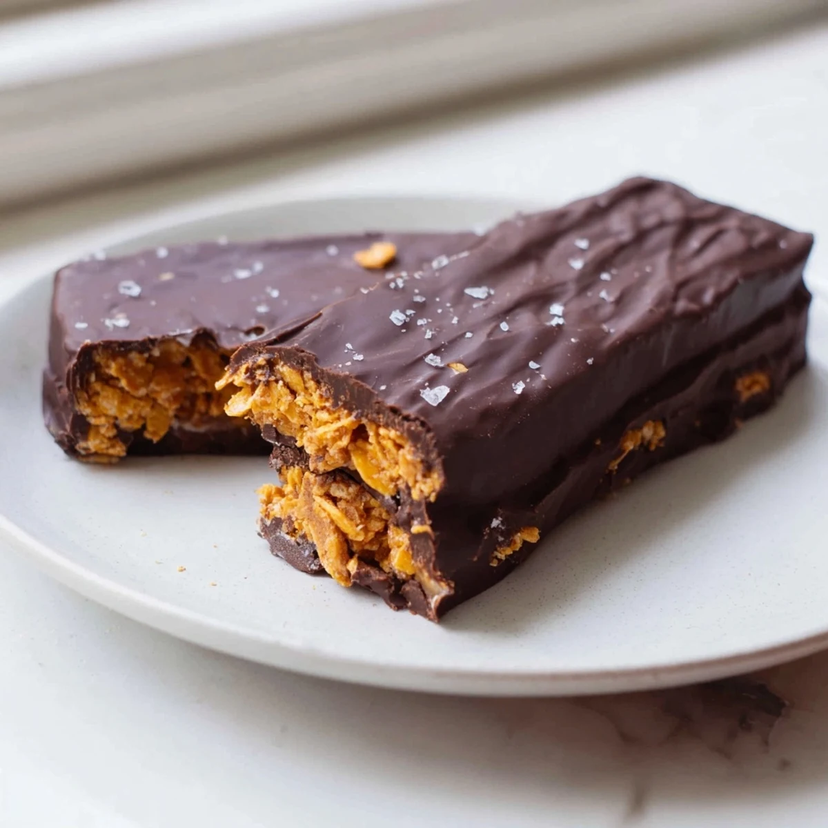 Golden peanut butter center shines through dark chocolate on these Healthy Homemade Butterfingers candy bars