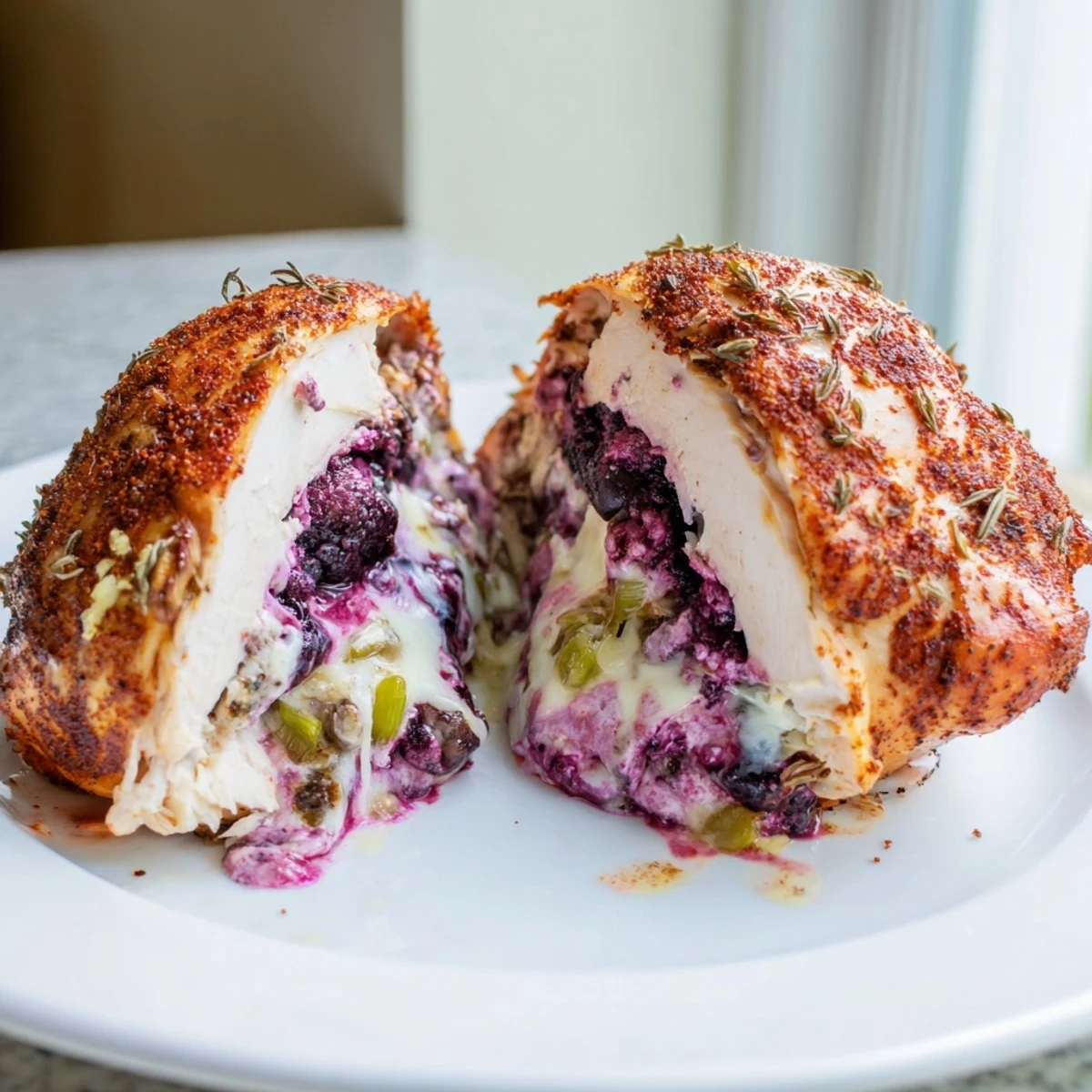 Juicy blackberry jalapeno stuffed chicken fresh from oven with bubbling melted cheese filling