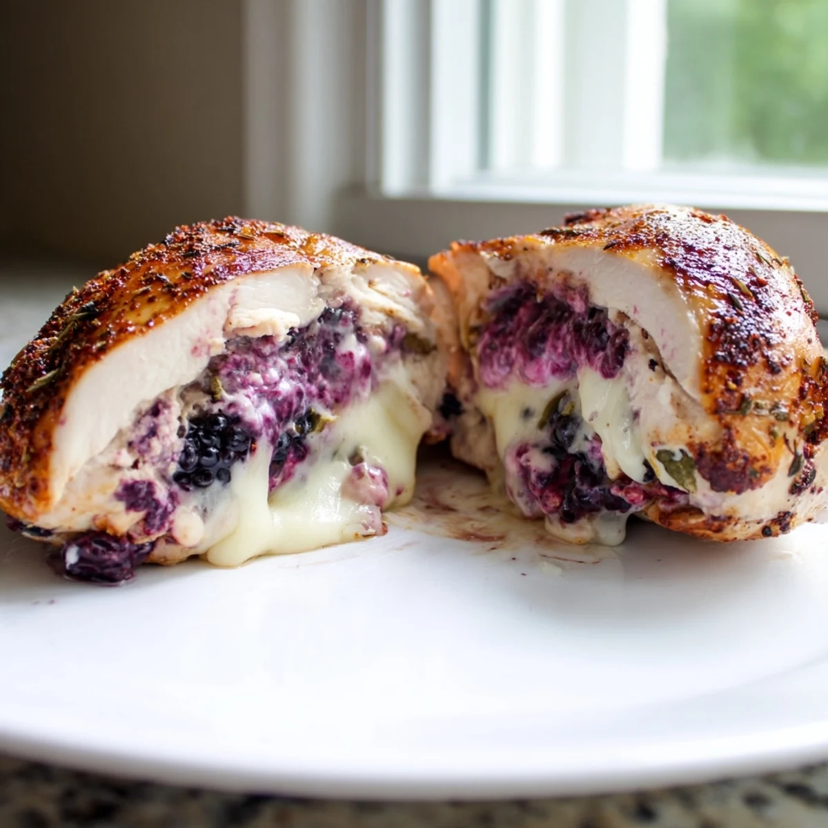 Golden baked blackberry jalapeno stuffed chicken sliced open revealing creamy purple berry filling