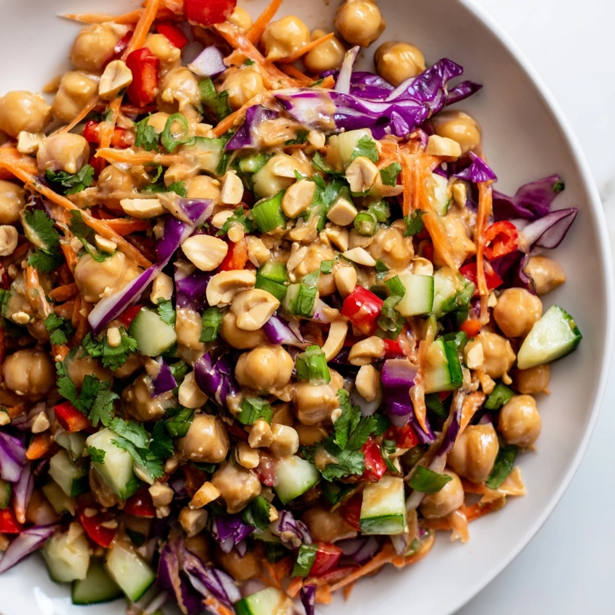 Crunchy Thai Chickpea Salad topped with peanuts and served in a rustic bowl