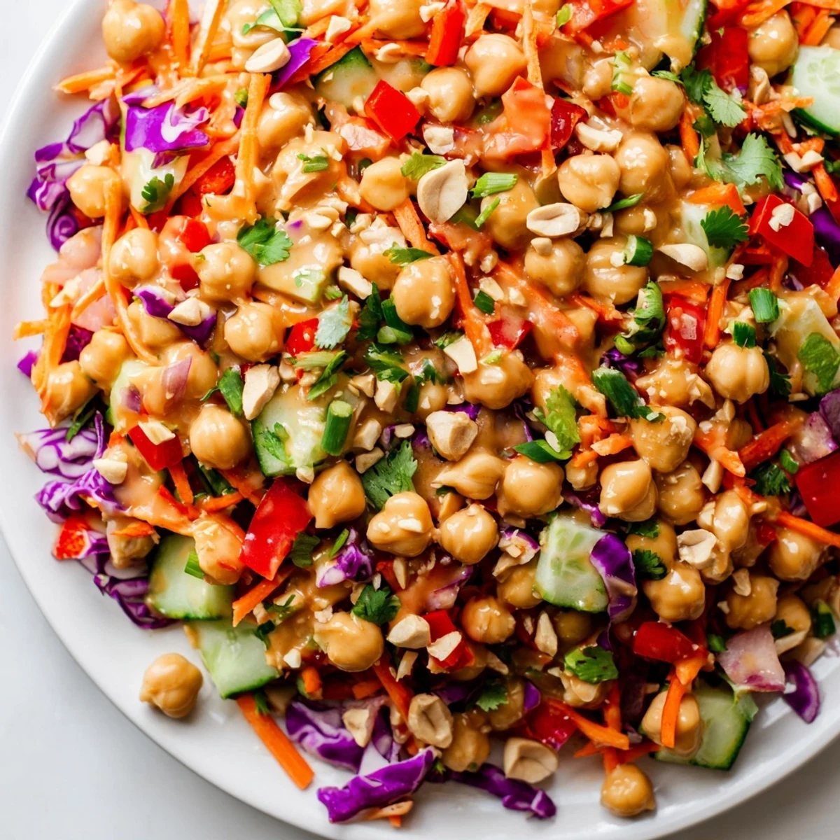 Colorful Crunchy Thai Chickpea Salad tossed in creamy peanut lime dressing