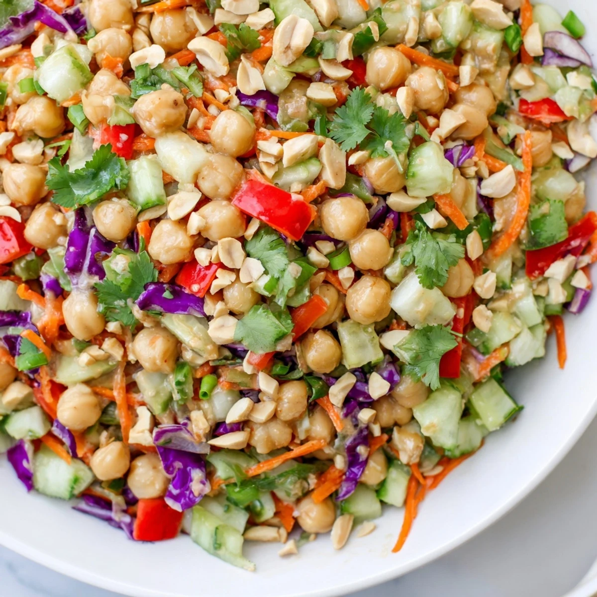 Crunchy Thai Chickpea Salad with shredded cabbage, bell pepper, and fresh cilantro