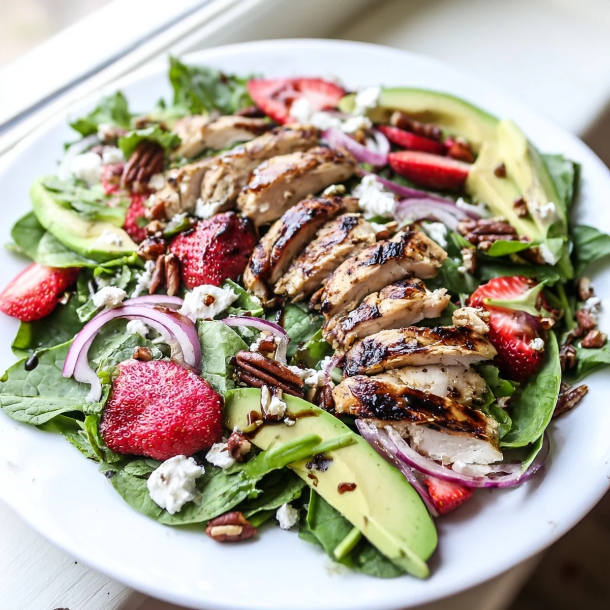 Juicy grilled chicken and ripe strawberries top this vibrant strawberry chicken salad