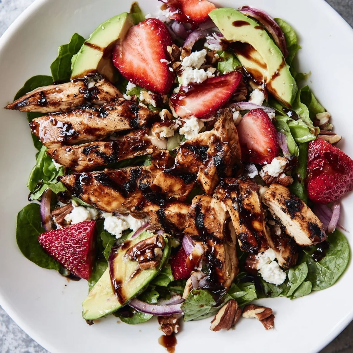 Creamy goat cheese and crunchy pecans crown a colorful strawberry chicken salad platter