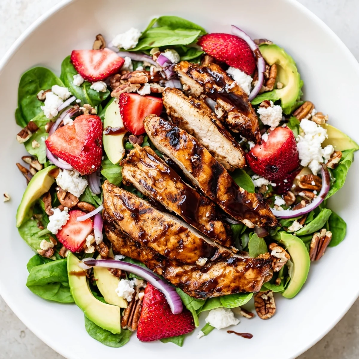 Fresh strawberry chicken salad drizzled with balsamic vinaigrette served on a white plate