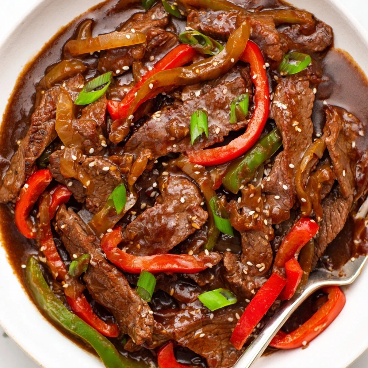 Tender slow cooker pepper steak with colorful bell peppers in rich savory gravy