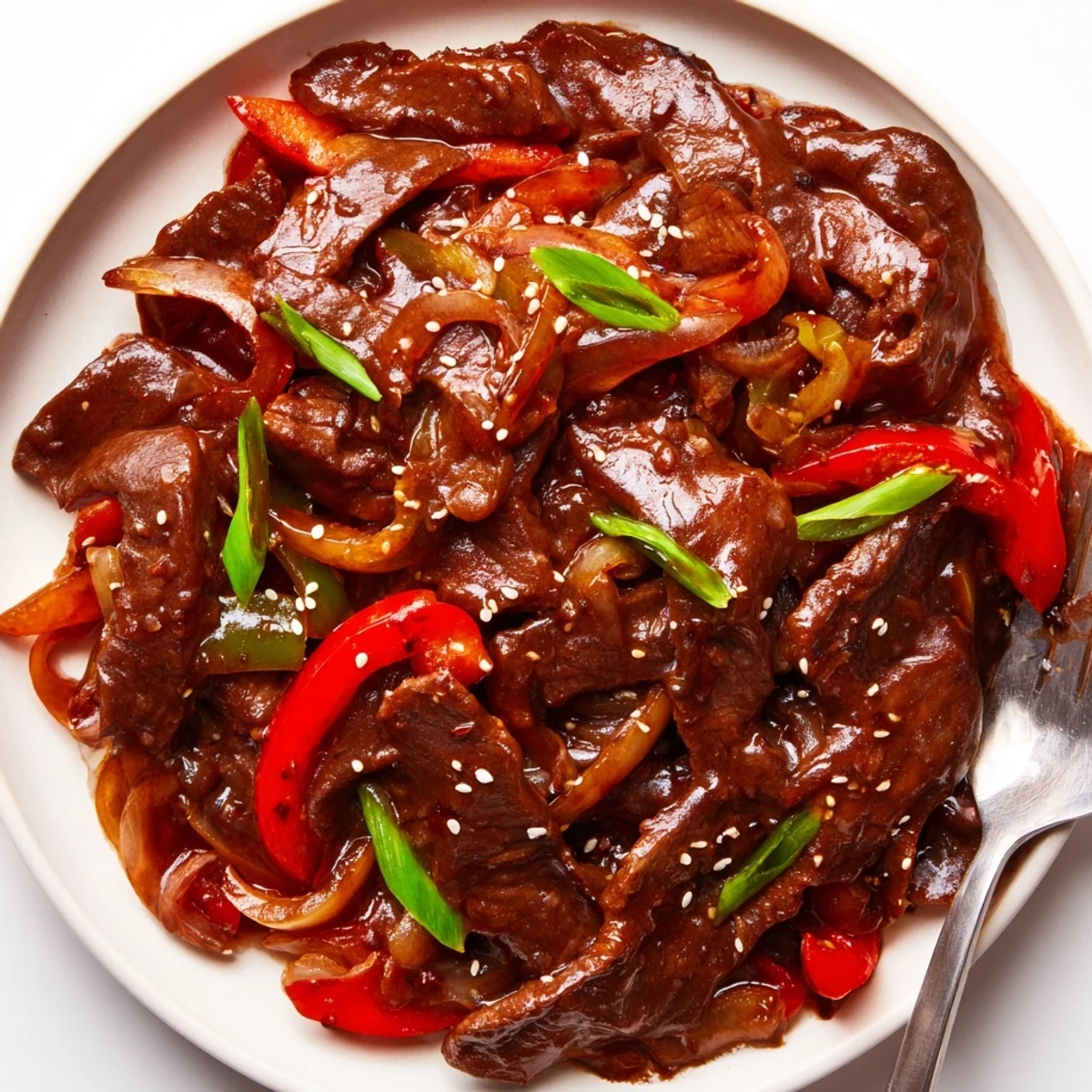 Juicy beef strips and crisp peppers drenched in glossy soy sauce
