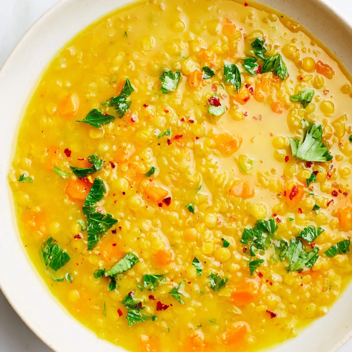 Steaming bowl of lemon lentil soup garnished with fresh parsley and golden olive oil drizzle