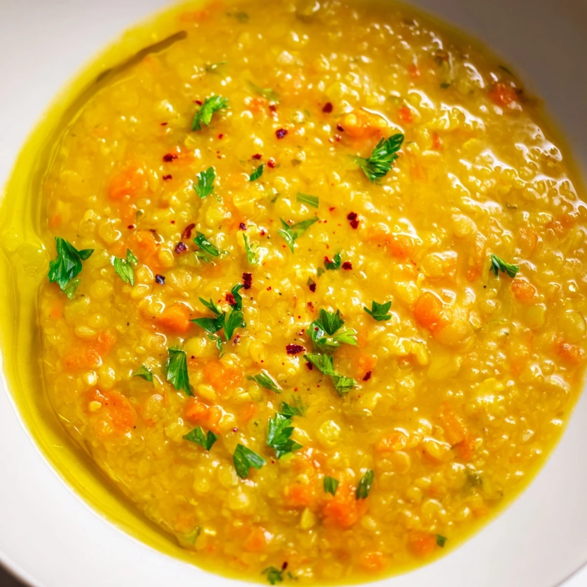 Vibrant yellow lemon lentil soup topped with herbs served in a white ceramic bowl