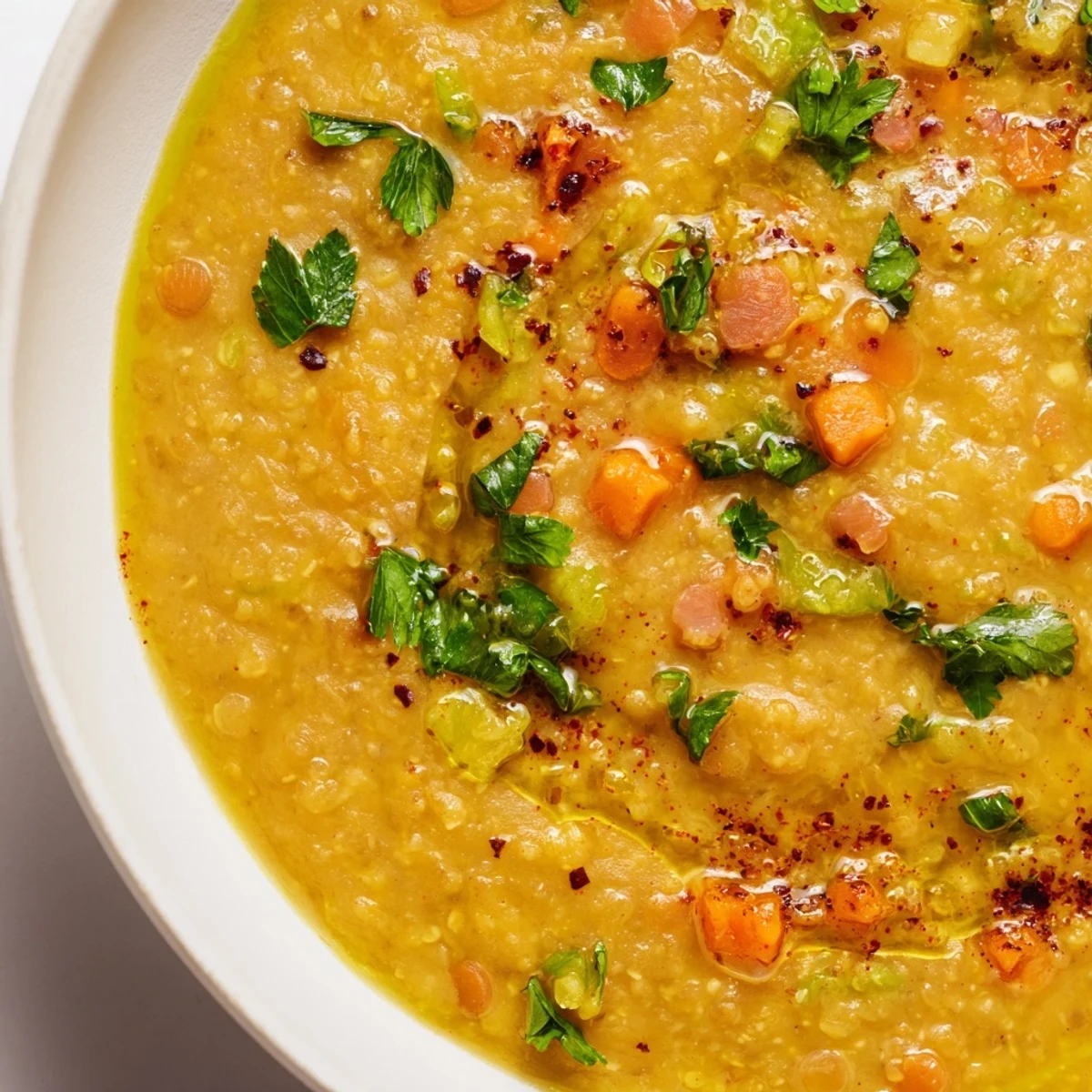 Creamy lemon lentil soup in a rustic pot with bright citrus wedges and crusty bread alongside