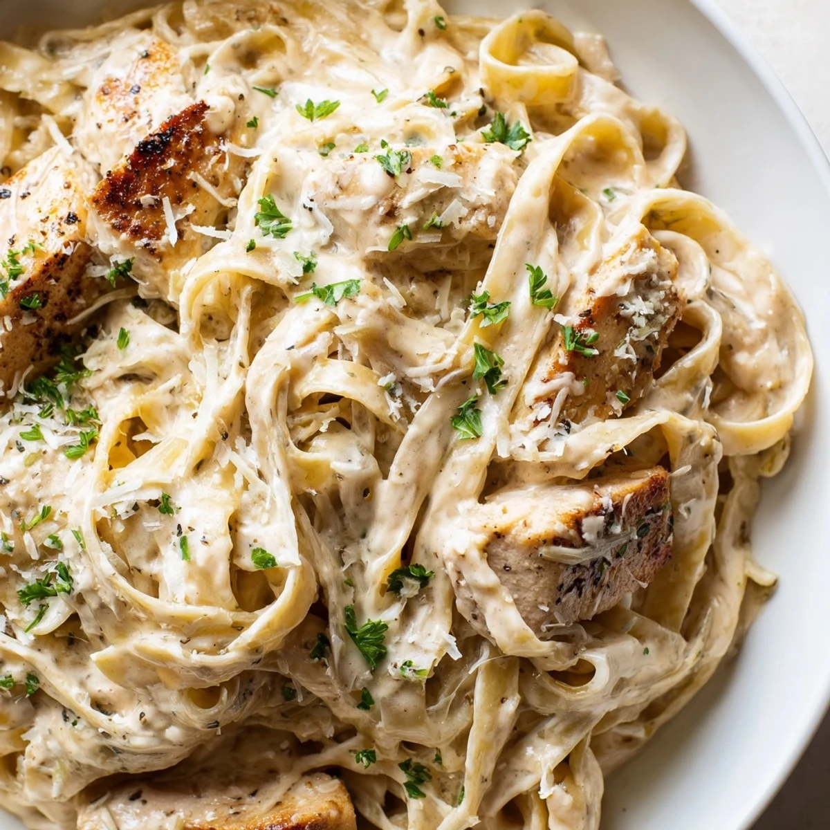 Creamy garlic Parmesan chicken pasta served in a white bowl with fresh parsley garnish