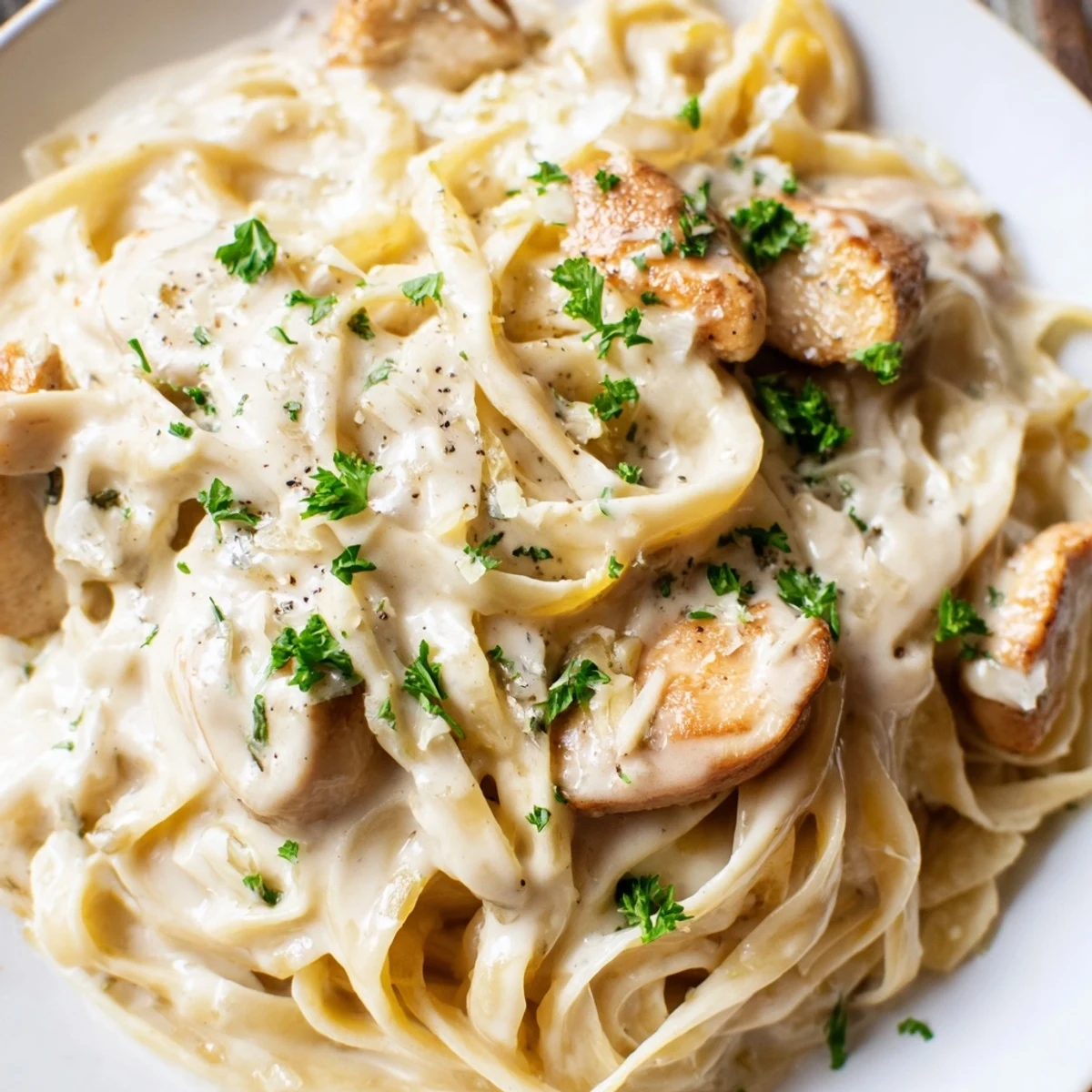 Golden seared chicken and fettuccine tossed in a silky garlic Parmesan cream sauce