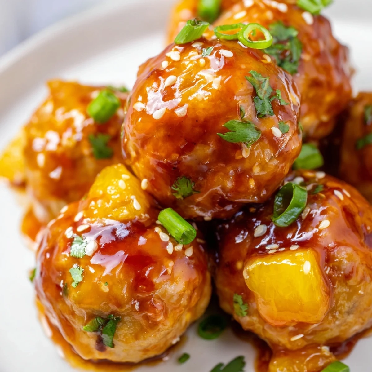 Golden sweet pineapple chicken meatballs coated in glossy tangy sauce on a white platter