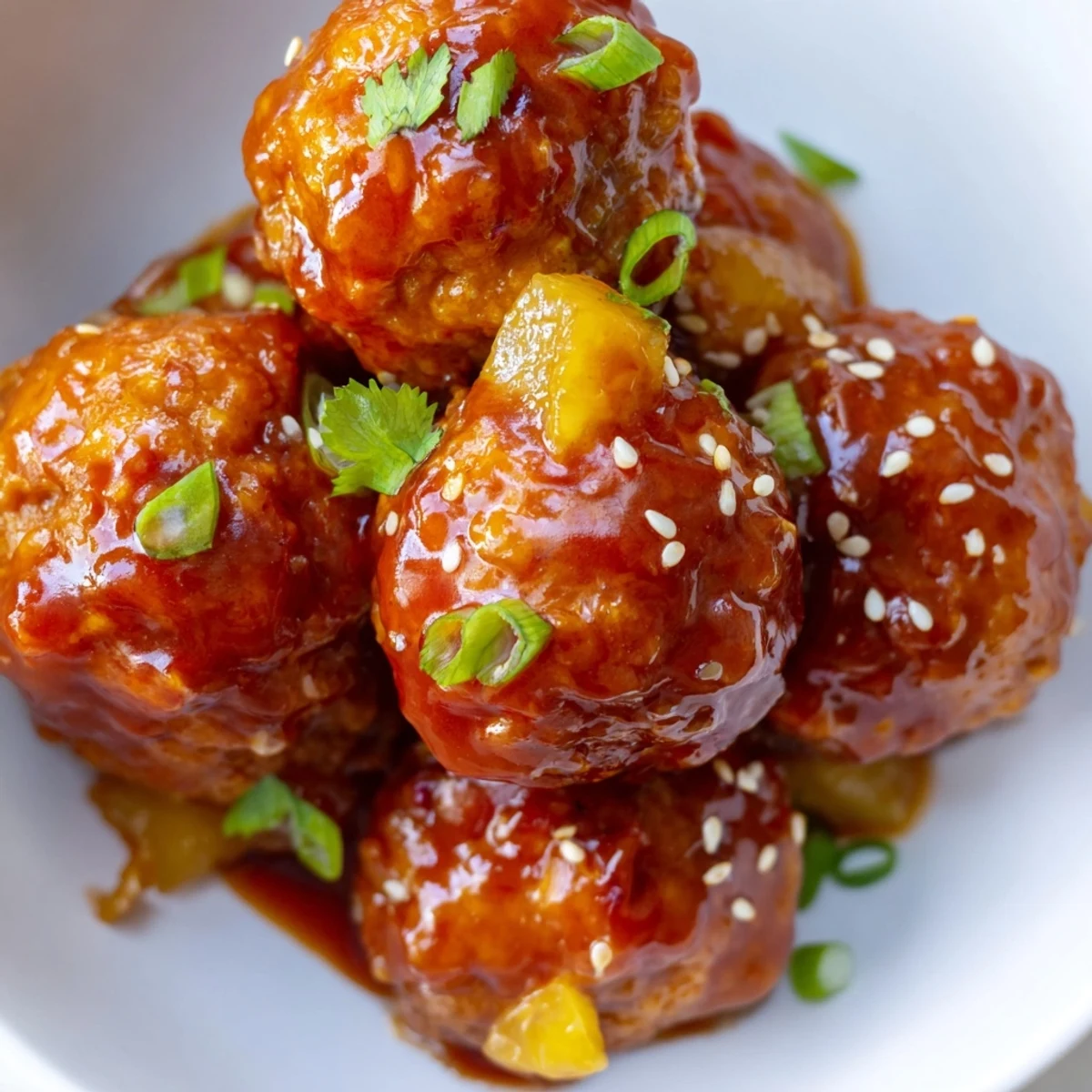Juicy chicken meatballs drizzled with sweet pineapple glaze garnished with fresh cilantro and sesame seeds