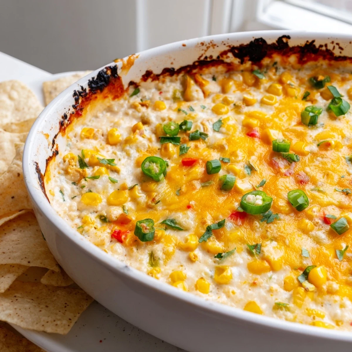 Golden baked creamy corn jalapeño dip bubbling in a cast iron skillet