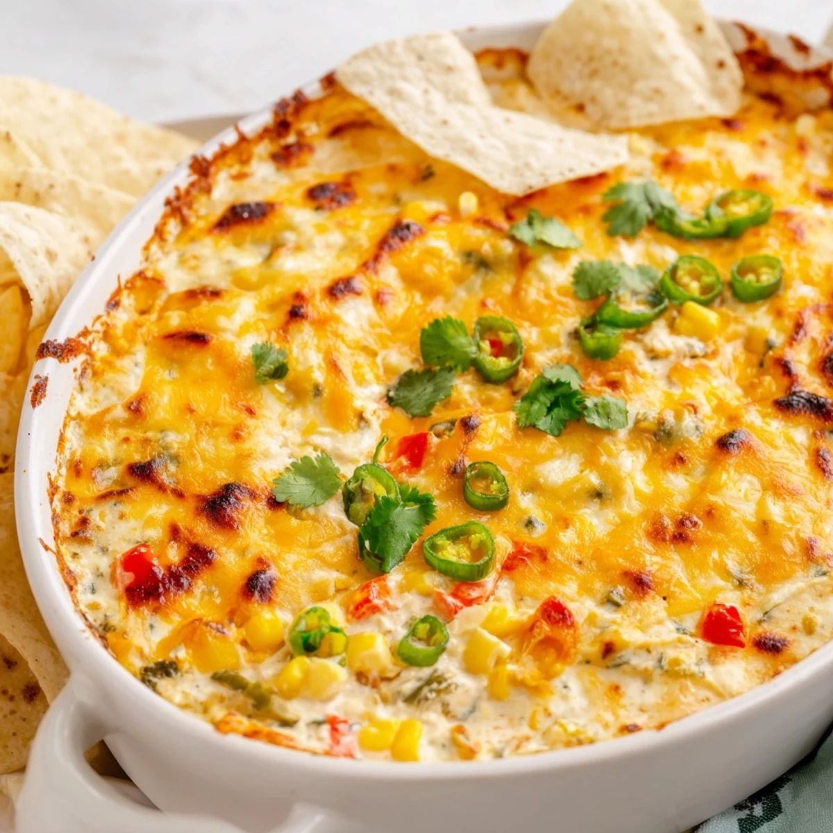 Creamy baked corn jalapeño dip topped with cilantro beside tortilla chips
