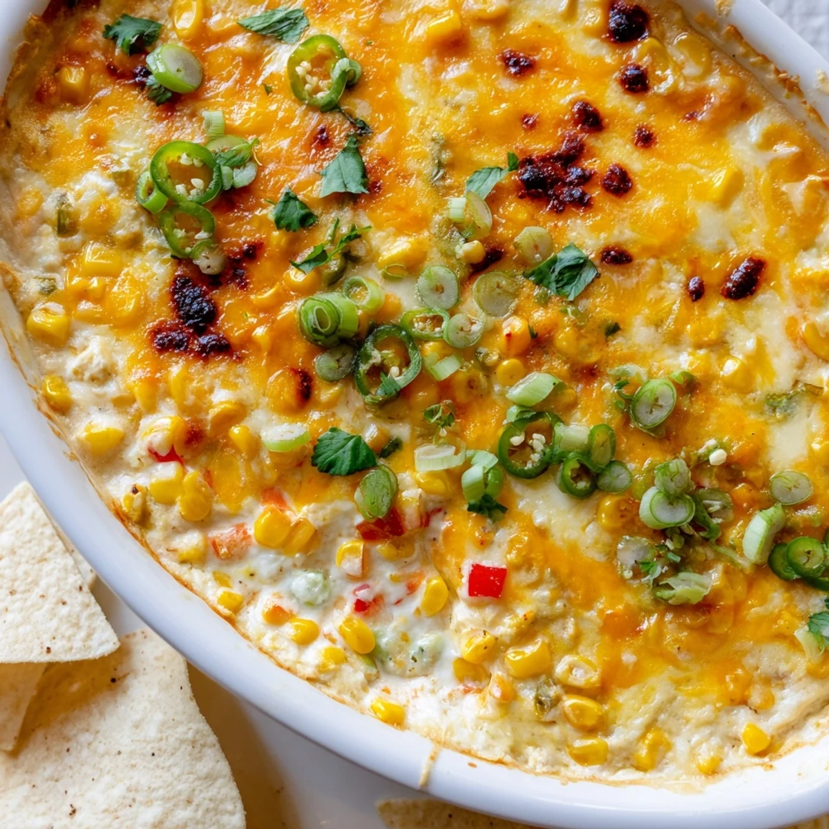 Steaming scoop of baked creamy corn jalapeño dip on a crispy chip