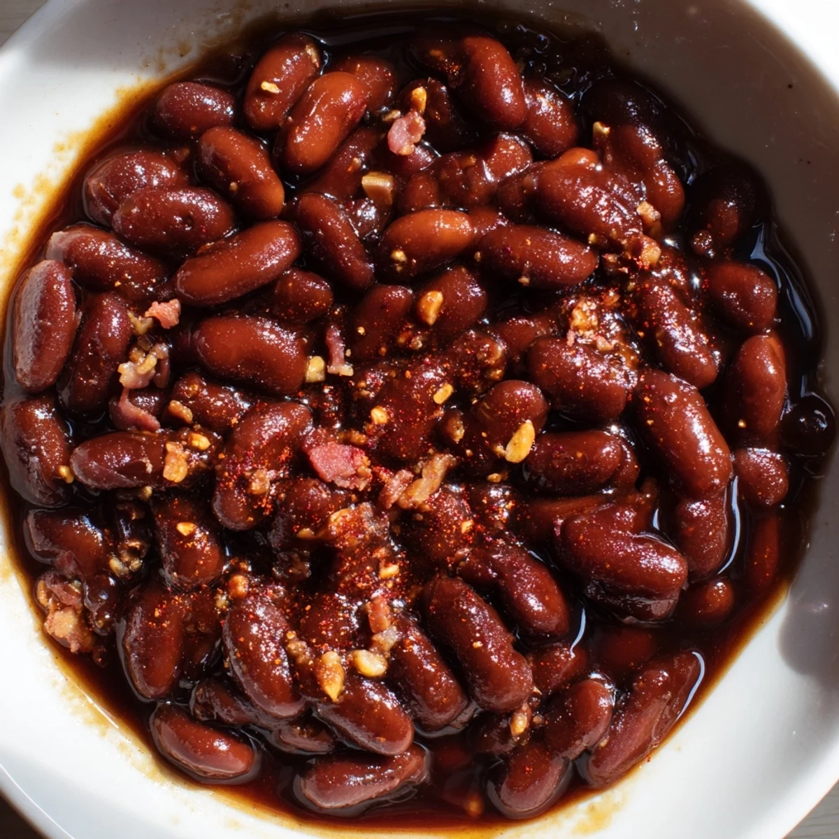 Quick Barbecued Beans simmering in a thick, glossy, smoky-sweet tomato sauce