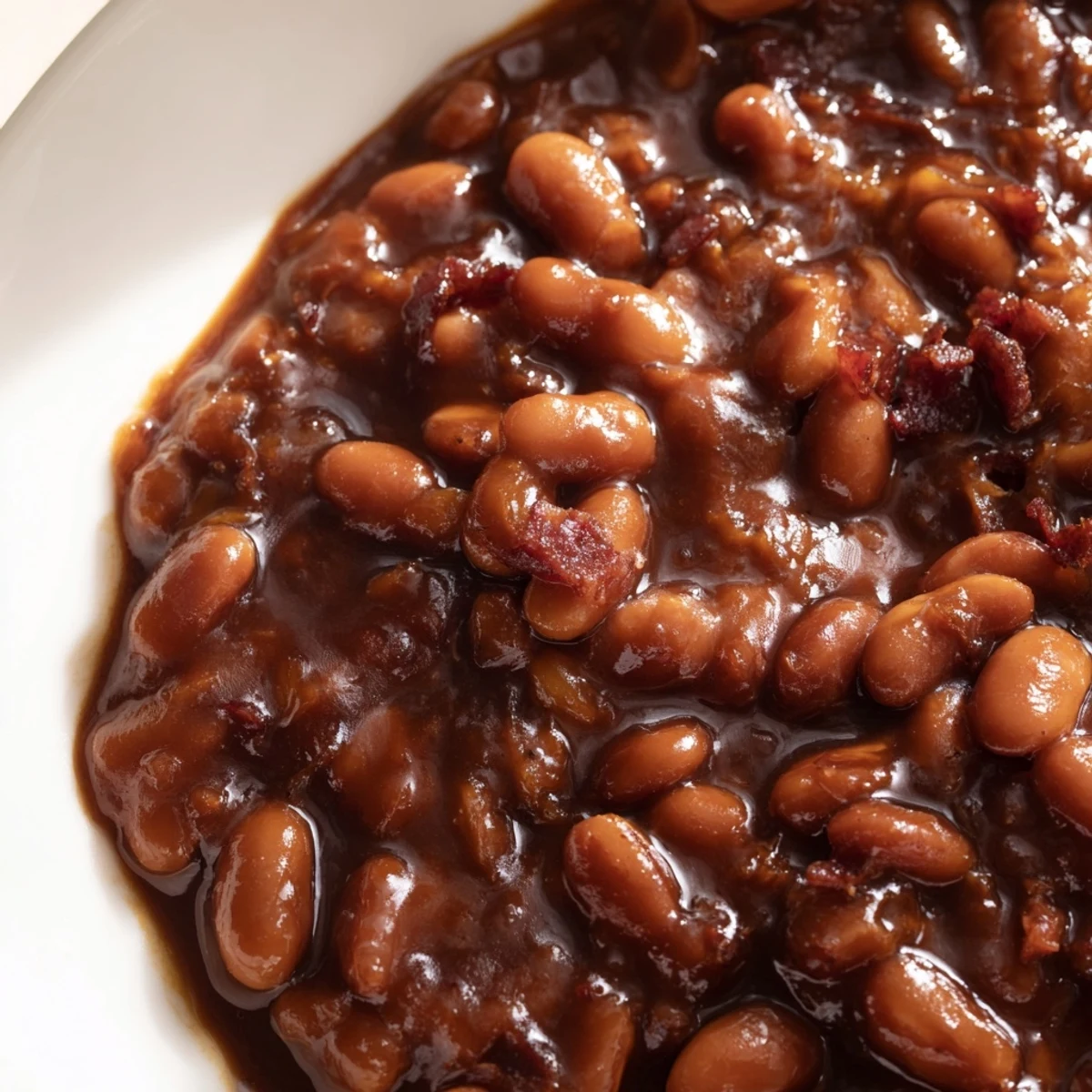 Quick Barbecued Beans glistening with rich, sticky barbecue glaze and tender onions