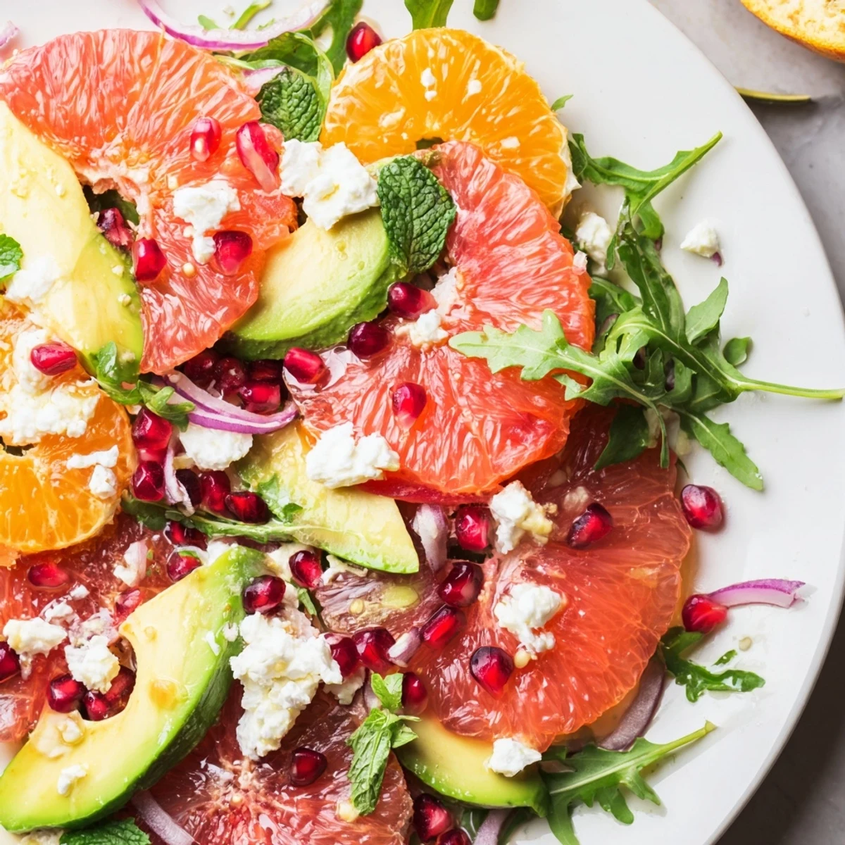 A bright citrus salad topped with ruby pomegranate seeds, creamy avocado, and crumbled feta on a platter