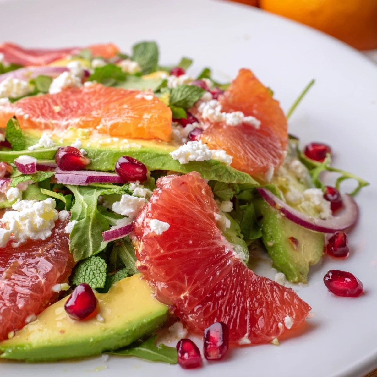 Sliced oranges and grapefruit arranged with avocado chunks and pomegranate arils in this refreshing citrus salad