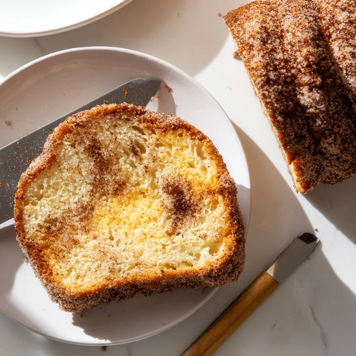 Warm cinnamon donut loaf sliced thick with a golden cinnamon sugar crust