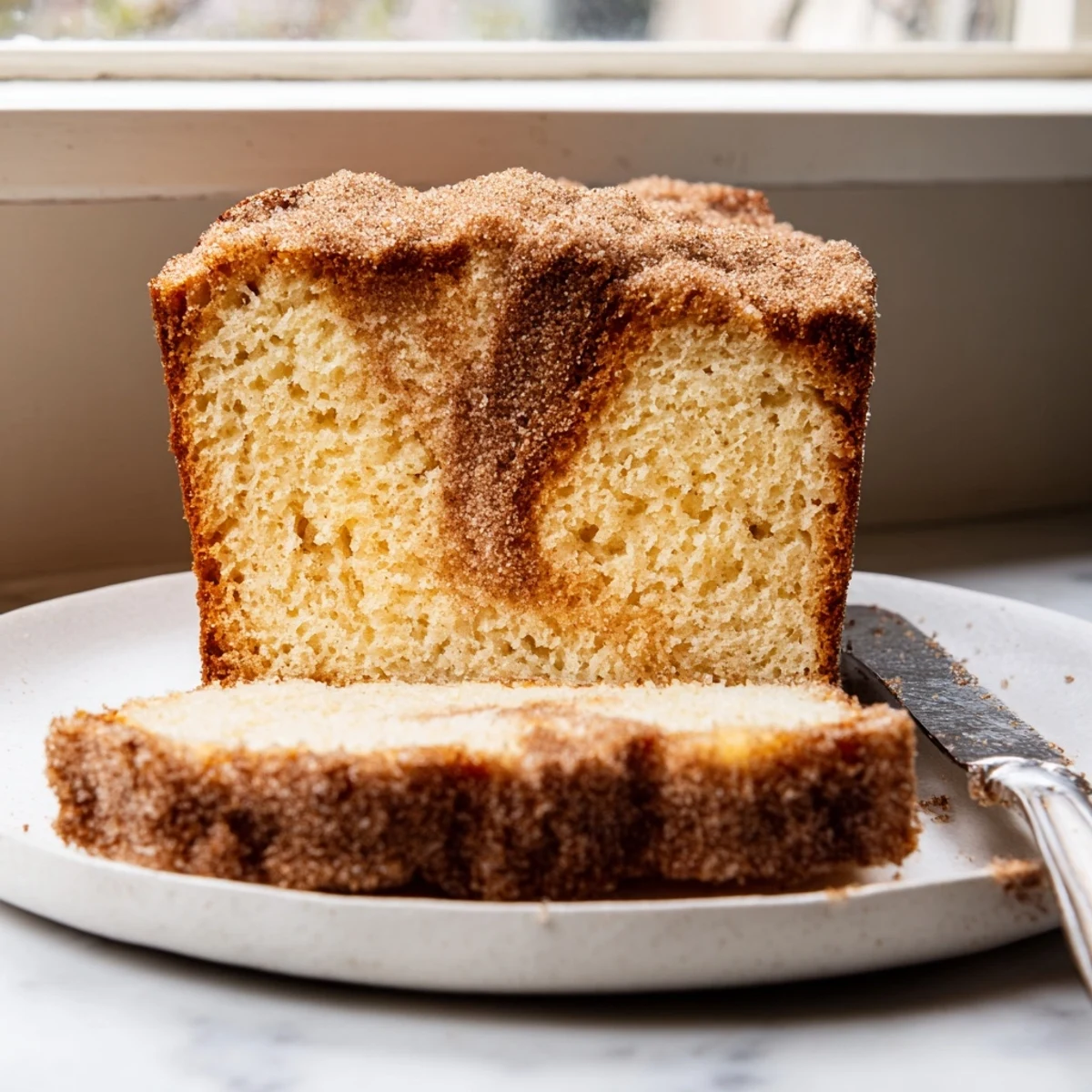 Moist cinnamon donut loaf topped with buttery cinnamon sugar on a rustic plate