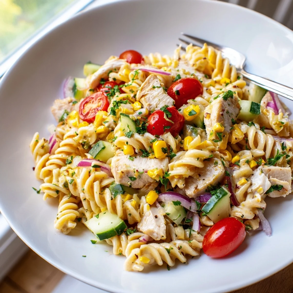 Honey Mustard Chicken Pasta Salad served in a bright bowl with colorful crisp vegetables