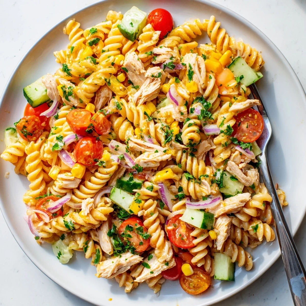 Golden seared chicken slices atop Honey Mustard Chicken Pasta Salad with fresh parsley garnish