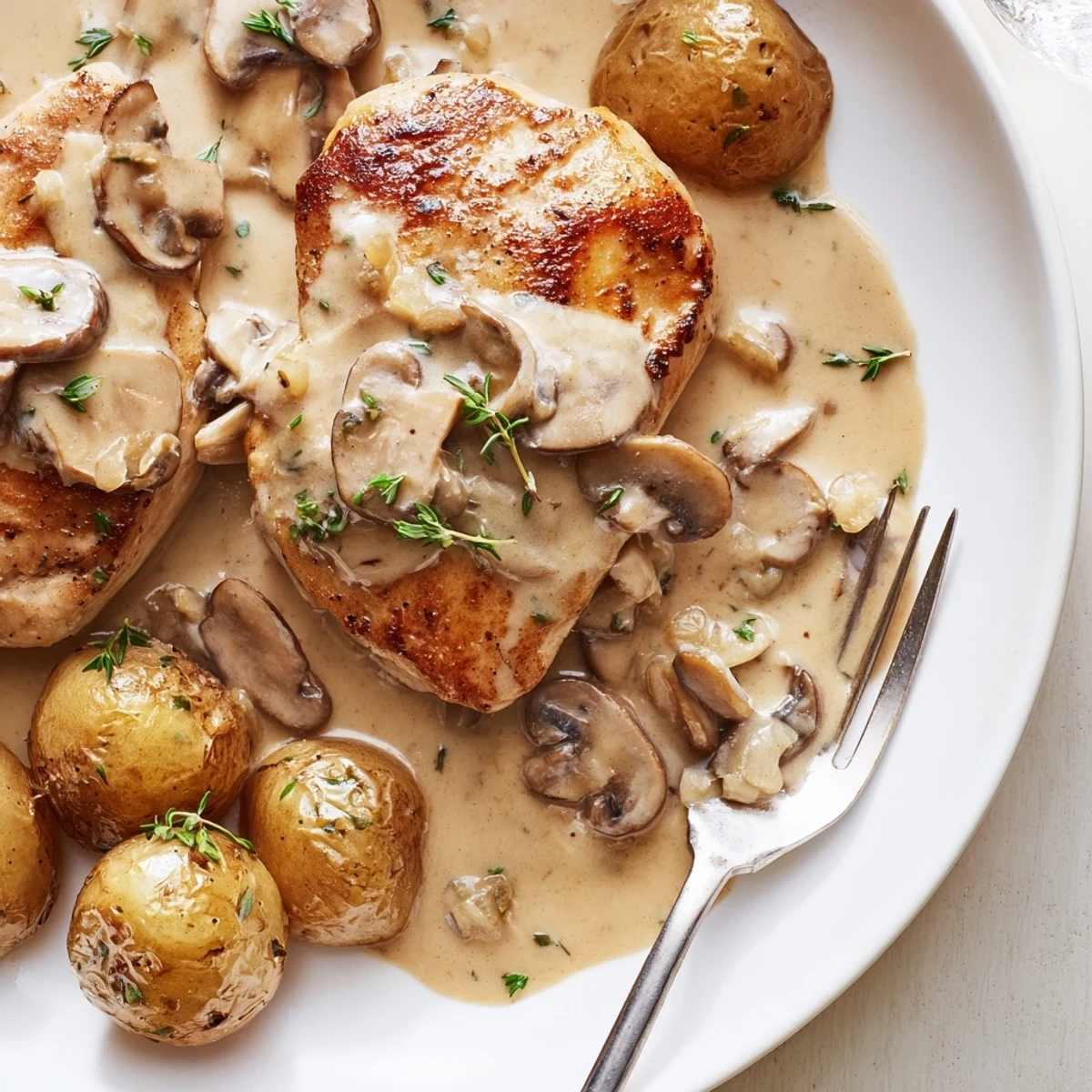 Creamy mushroom chicken smothered in a velvety sauce with golden herb-roasted potatoes on a rustic plate