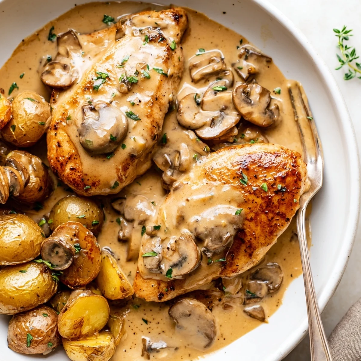 Tender seared chicken in a rich garlic cream sauce surrounded by earthy mushrooms and crispy potatoes