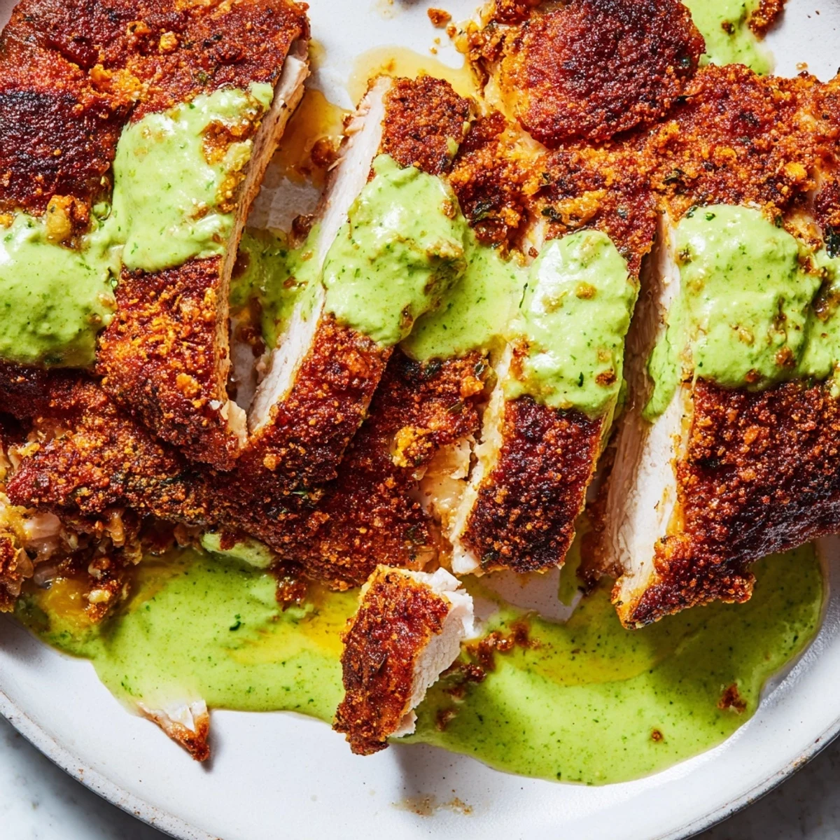 Golden roast Peruvian chicken with crispy skin drizzled in vibrant green aji verde sauce