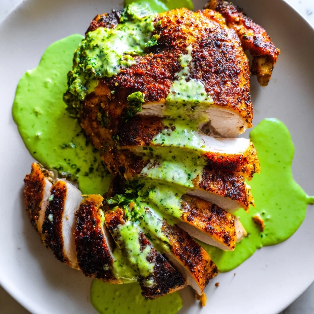 Juicy butterflied Peruvian chicken fresh from the oven beside creamy cilantro sauce