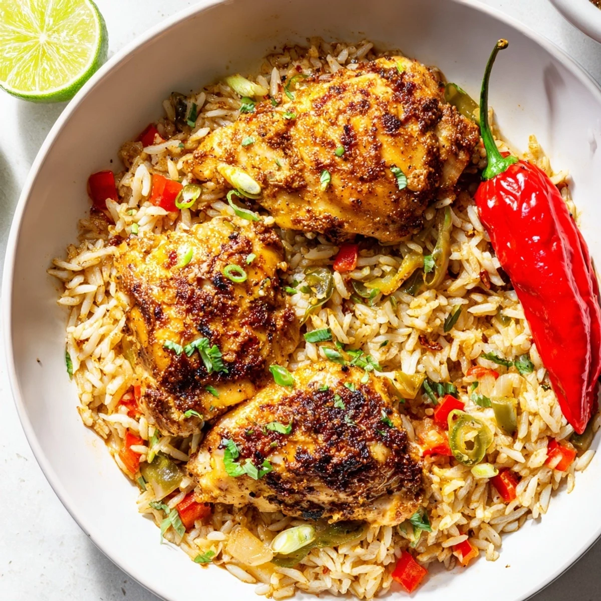 Spicy jerk chicken rice served steaming in a rustic Dutch oven with fresh herbs