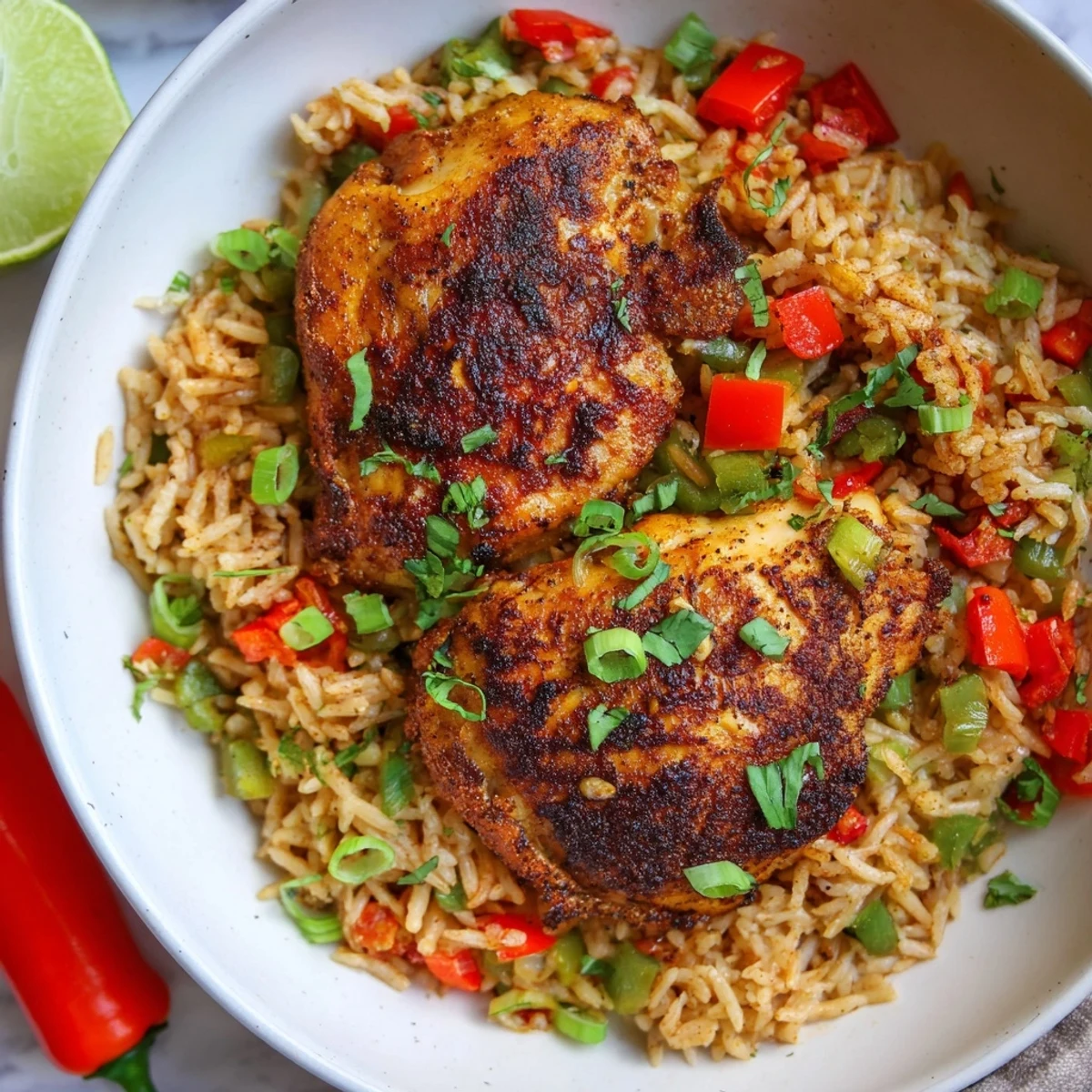 A vibrant bowl of spicy jerk chicken rice garnished with coriander and colorful bell peppers