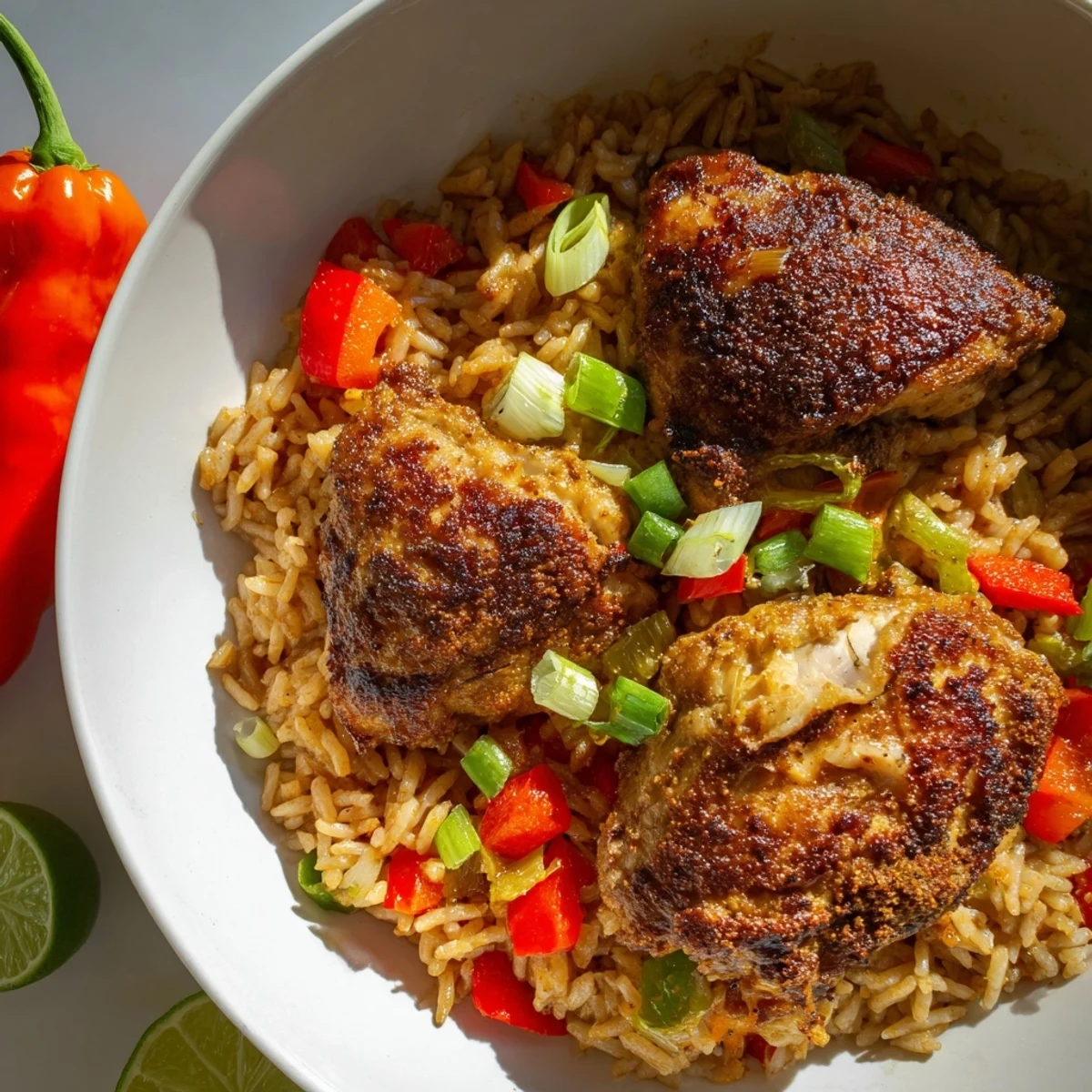 Golden seared spicy jerk chicken rice topped with spring onions and lime wedges