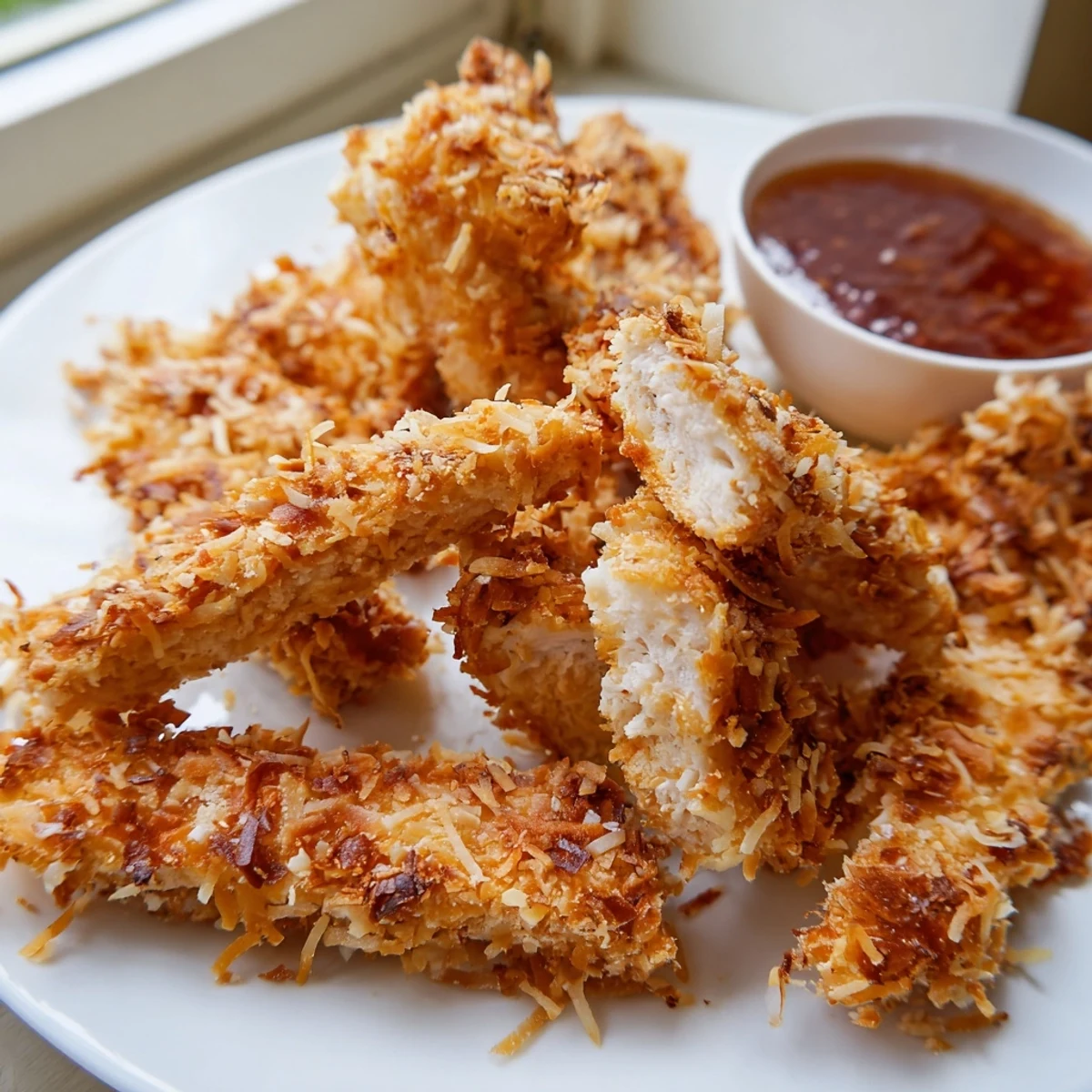 Golden crunchy coconut chicken strips fresh from the skillet with crispy edges