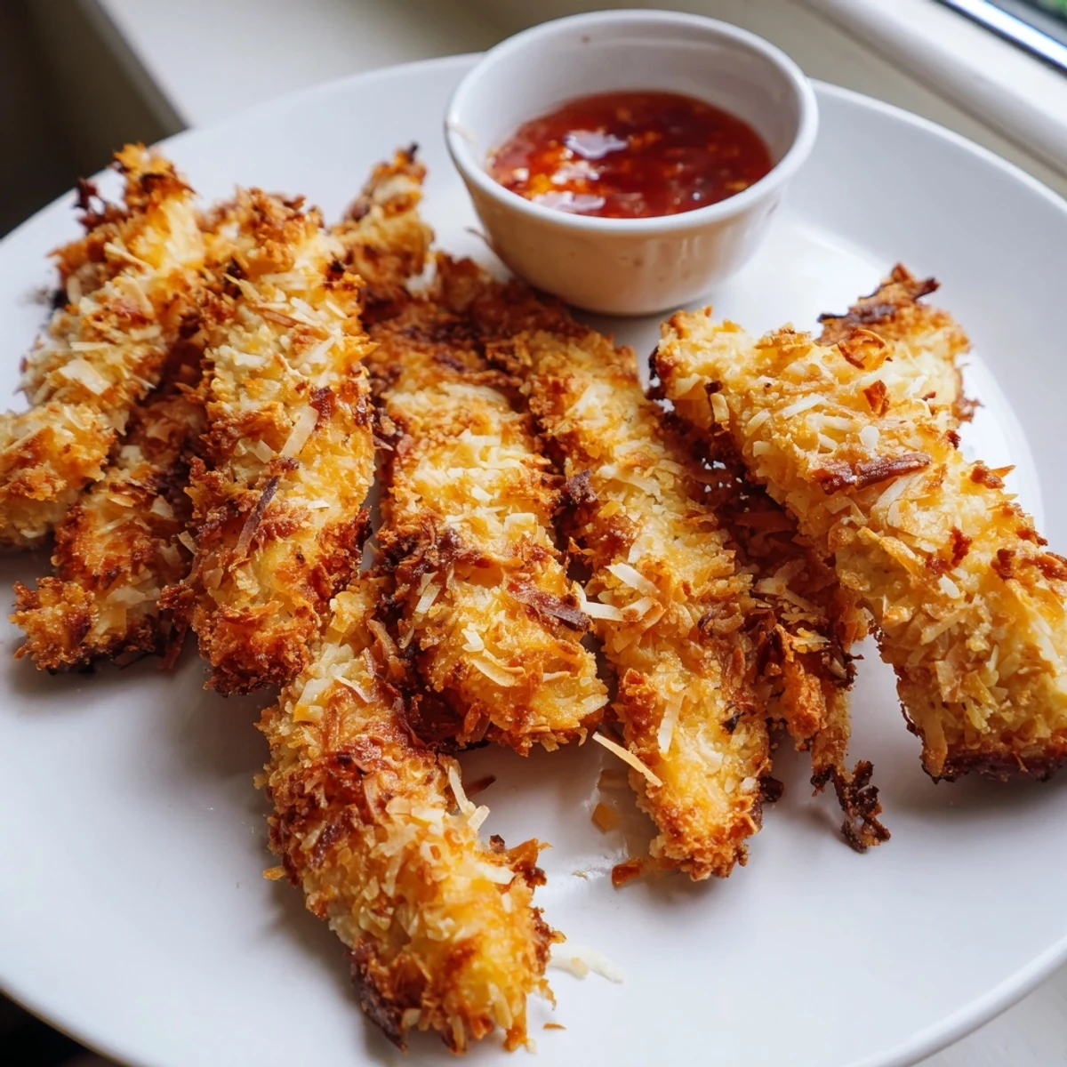 Crispy coconut-crusted chicken tenders arranged over a rustic wooden cutting board