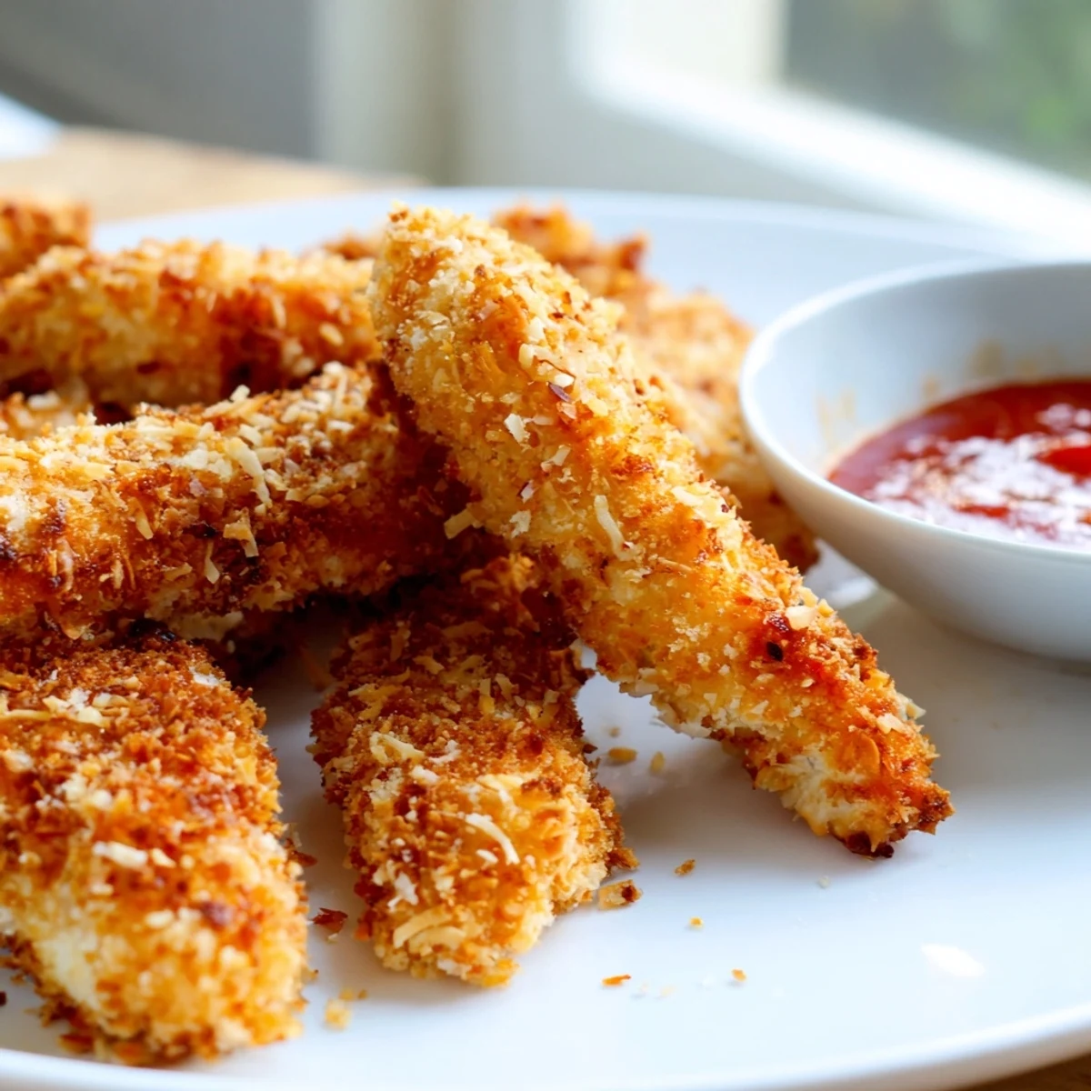 Crunchy coconut chicken served on a platter with sweet chili dipping sauce